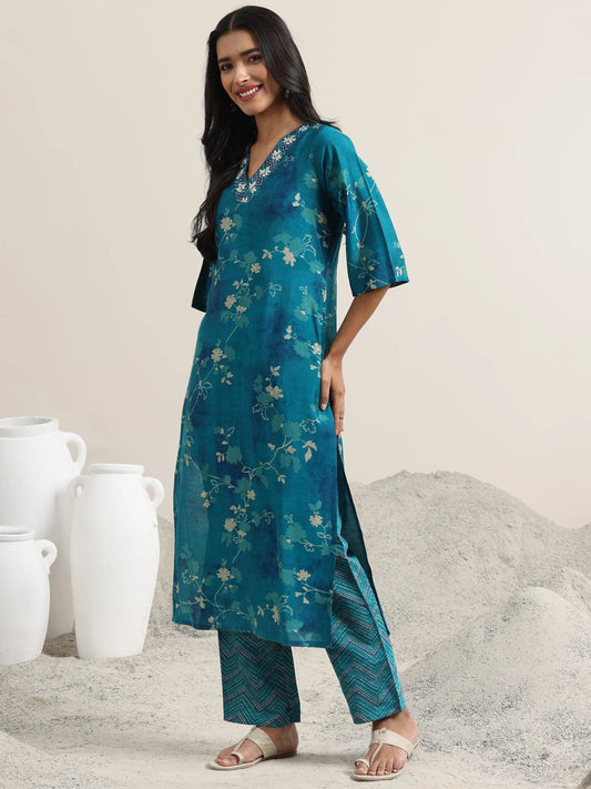 Blue Printed Silk Blend Straight Suit With Dupatta