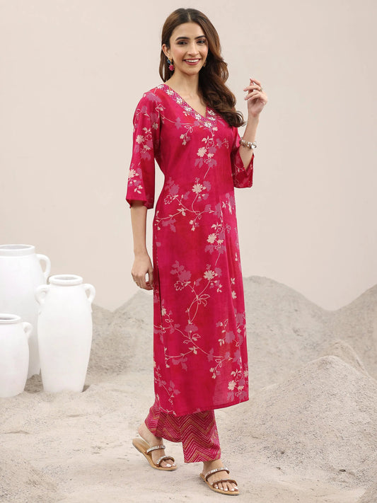 Red Printed Silk Blend Straight Suit With Dupatta