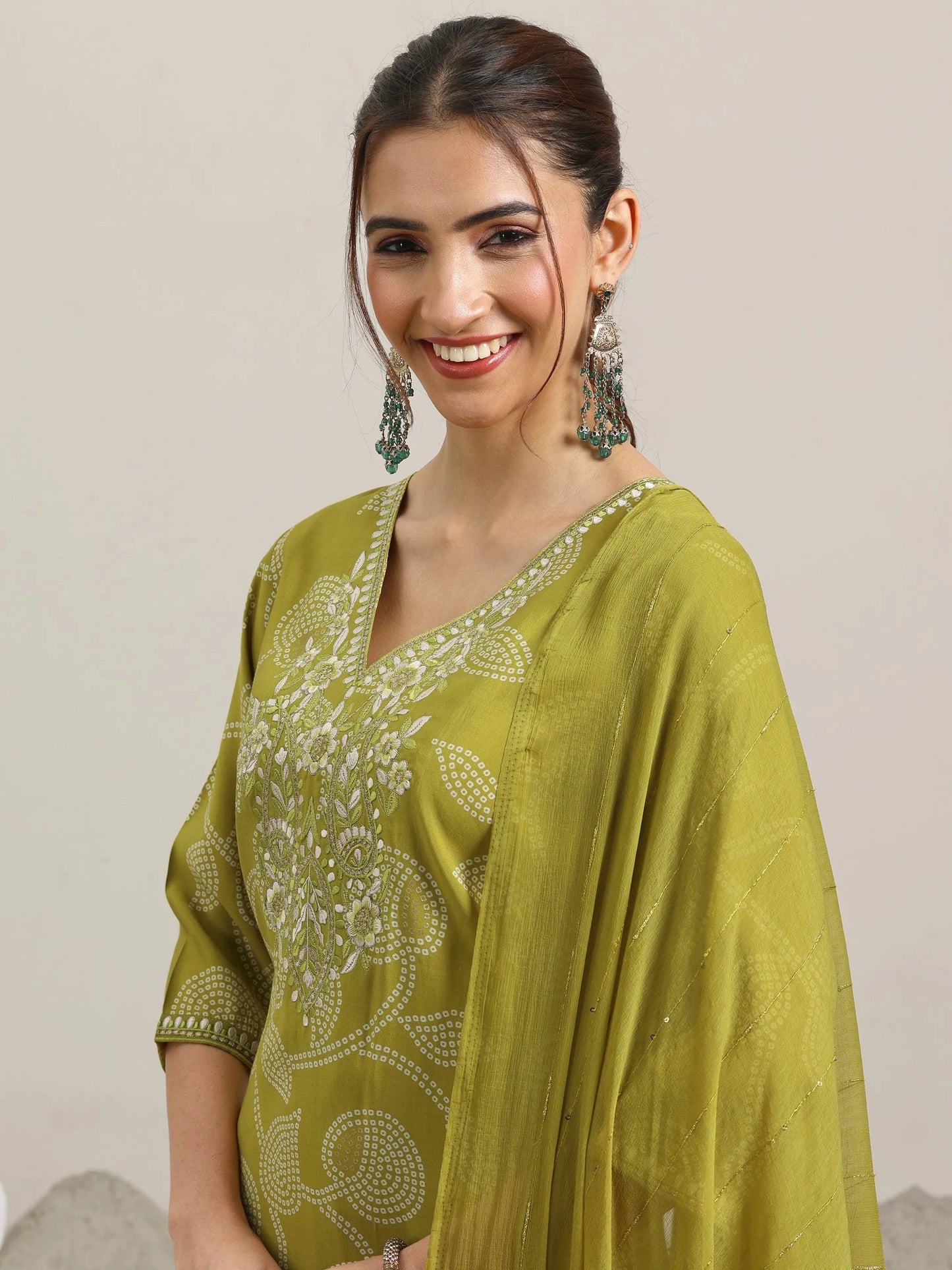 Green Printed Silk Blend Straight Suit With Dupatta