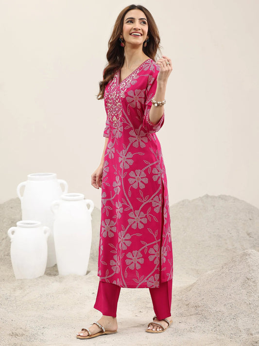 Pink Printed Silk Blend Straight Suit With Dupatta