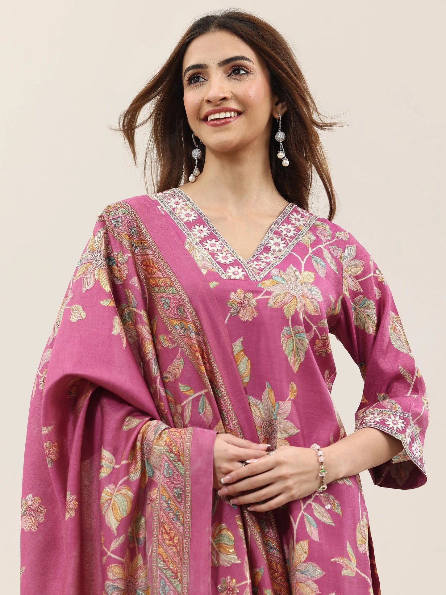 Pink Printed Silk Blend Straight Suit With Dupatta