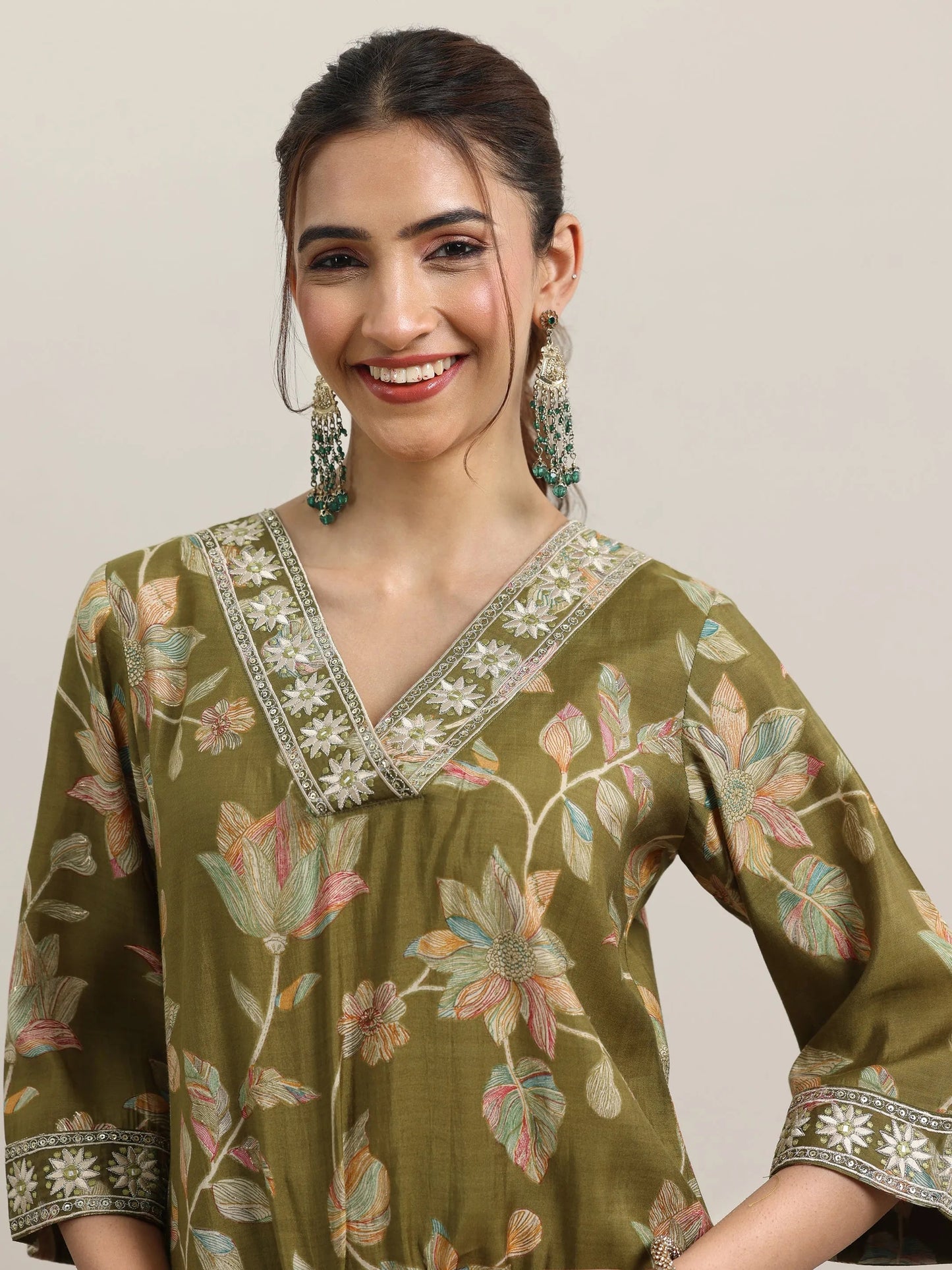 Olive Printed Silk Blend Straight Suit With Dupatta