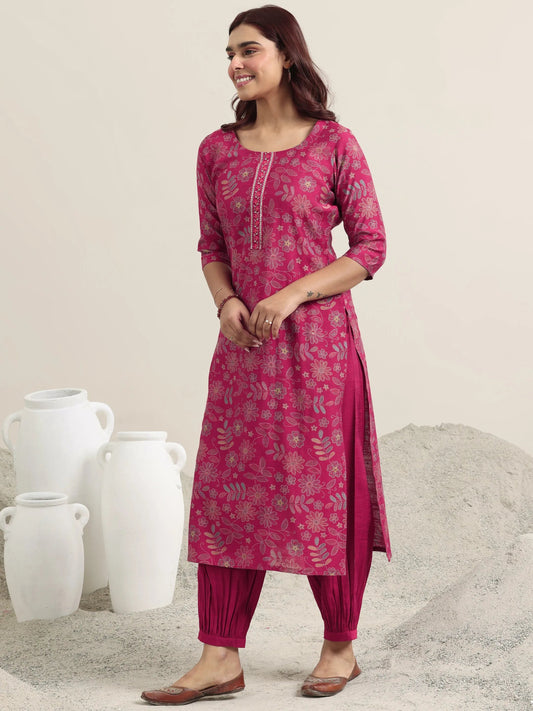 Pink Printed Silk Blend Straight Suit With Dupatta