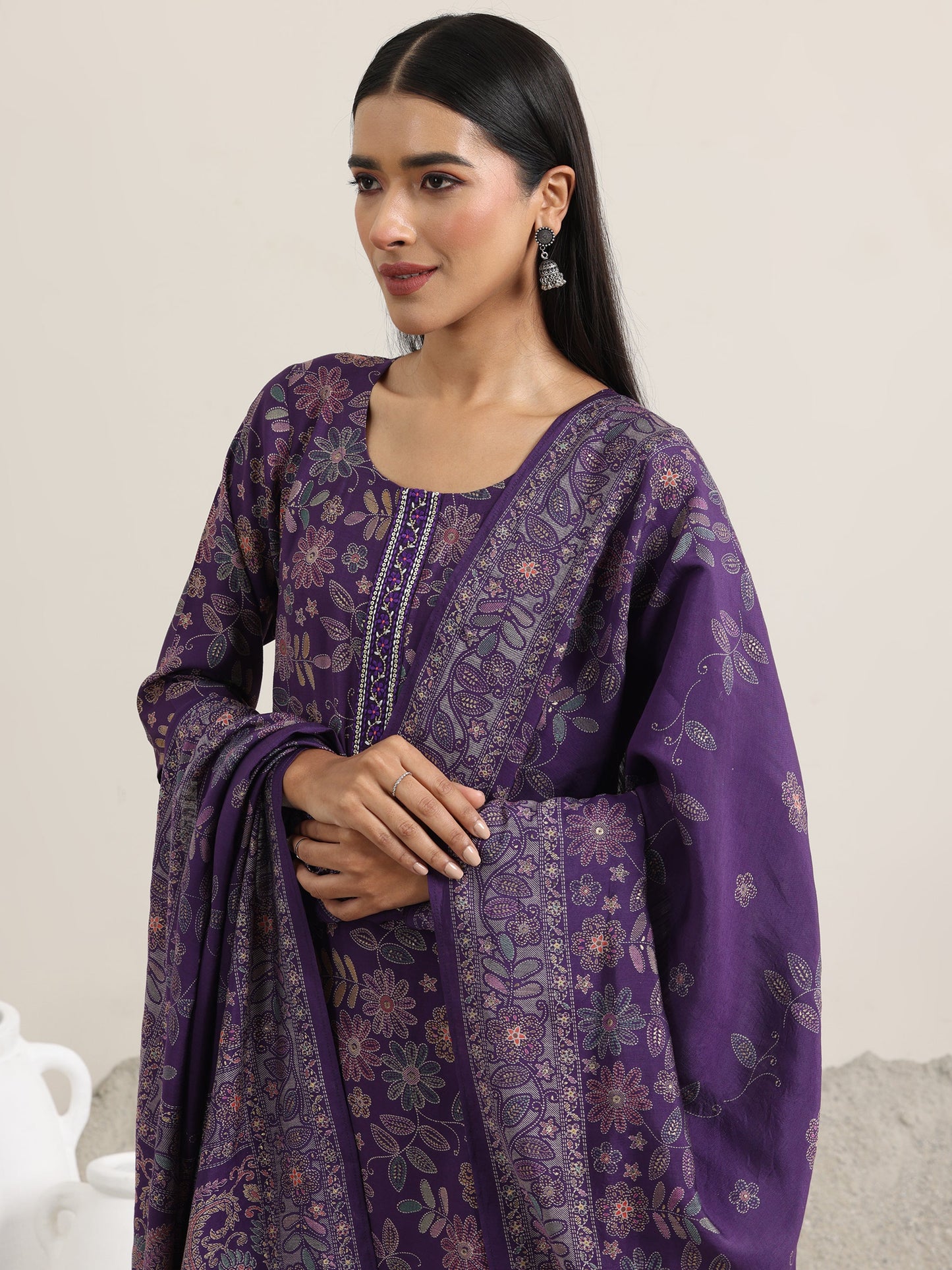 Purple Printed Silk Blend Straight Suit With Dupatta