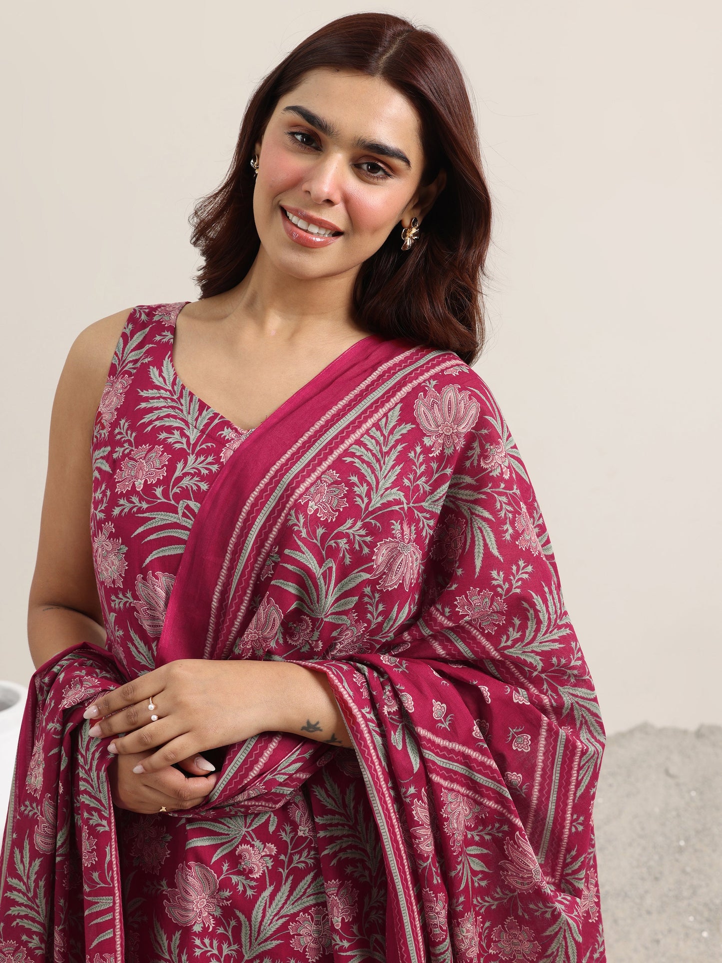 Maroon Printed Cotton Straight Suit With Dupatta