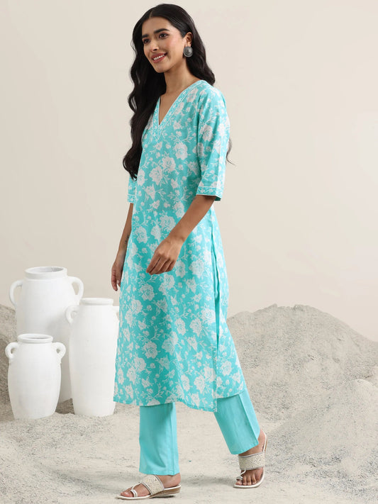 Blue Printed Cotton Straight Suit With Dupatta