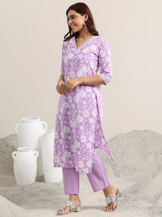 Lavender Printed Cotton Straight Suit With Dupatta