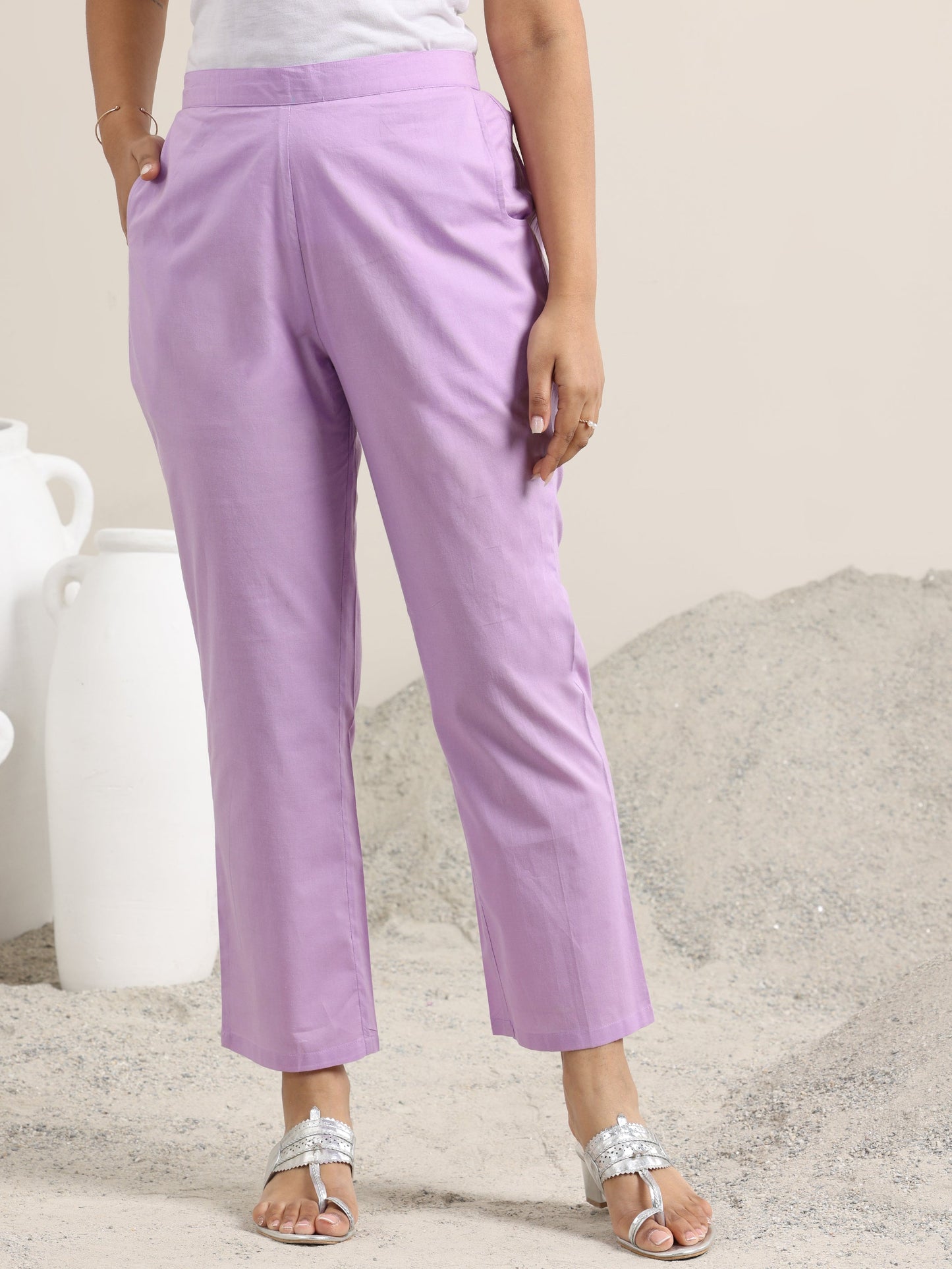 Lavender Printed Cotton Straight Suit With Dupatta