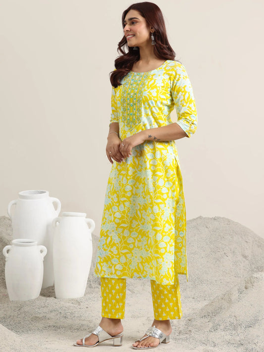 Yellow Printed Cotton Straight Suit With Dupatta