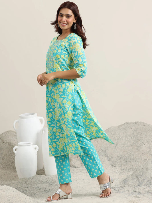 Blue Printed Cotton Straight Suit With Dupatta