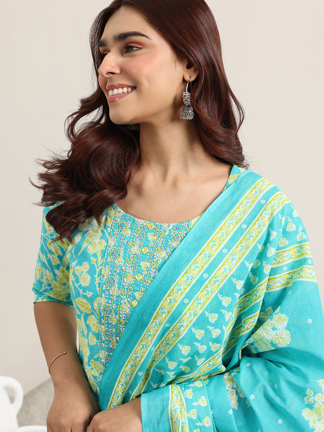 Blue Printed Cotton Straight Suit With Dupatta