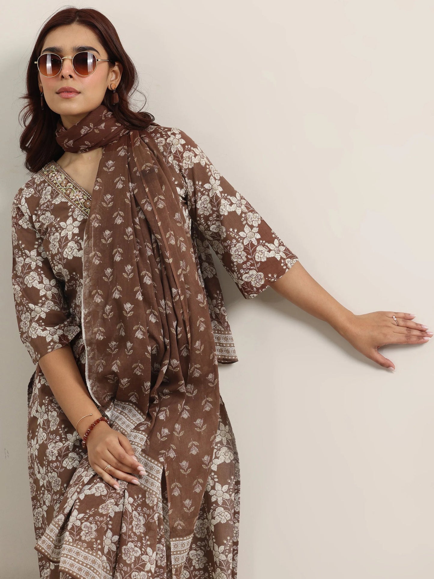 Brown Printed Cotton Straight Suit With Dupatta