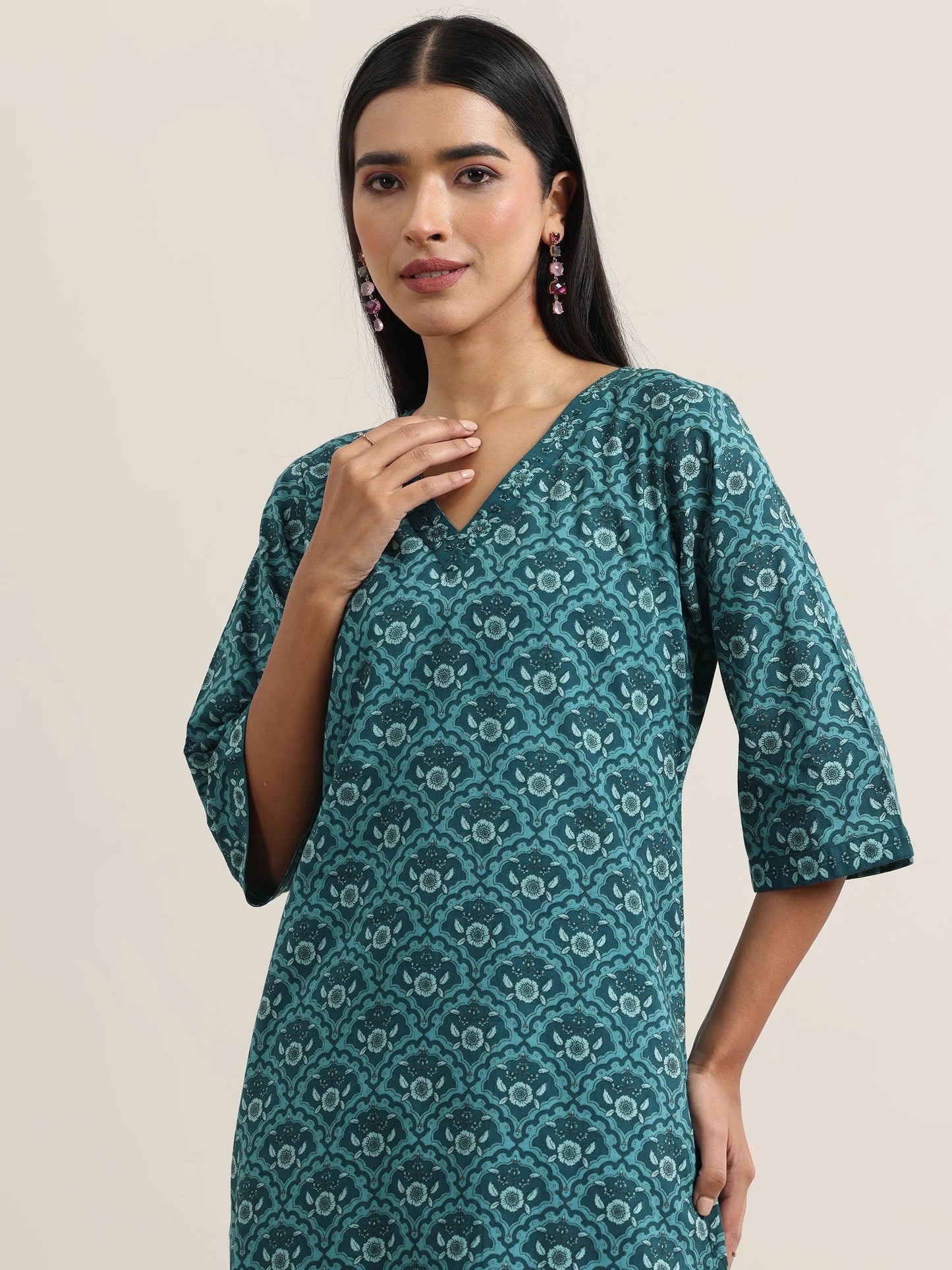 Teal Printed Cotton Straight Suit With Dupatta
