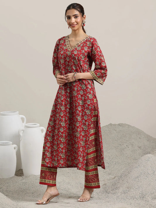 Red Printed Cotton Straight Suit With Dupatta