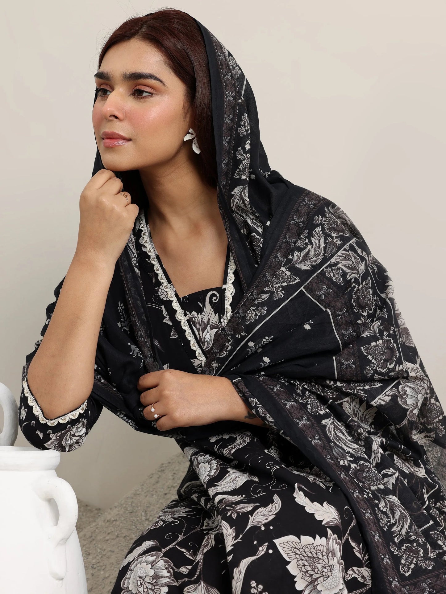 Black Printed Cotton Anarkali Suit With Dupatta
