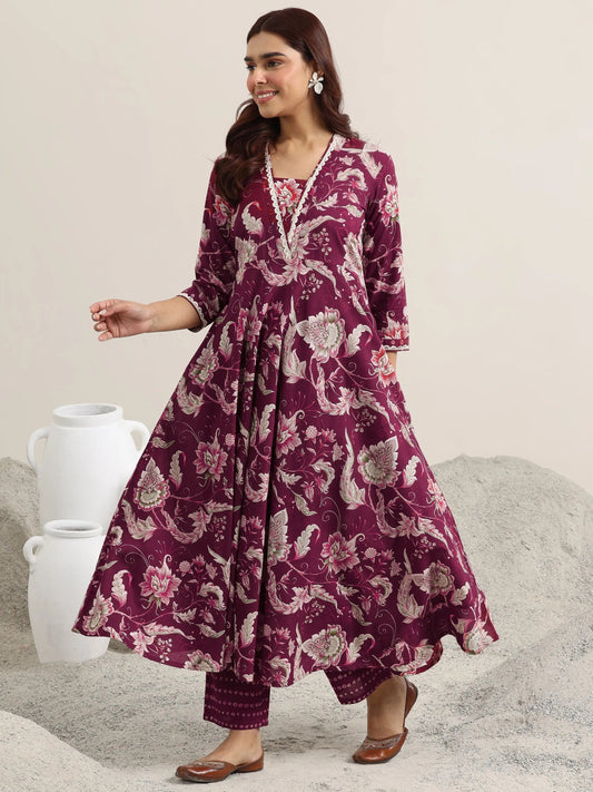 Burgundy Printed Cotton Anarkali Suit With Dupatta