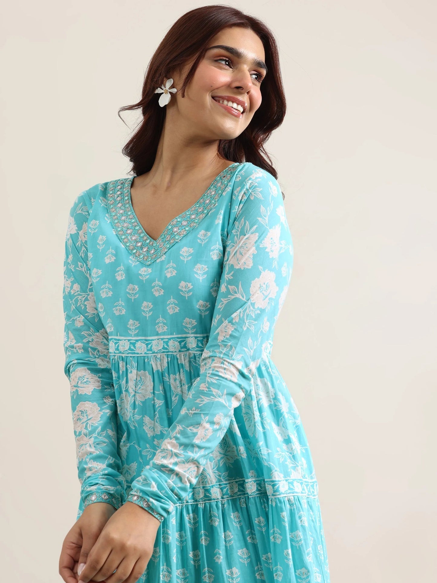 Blue Printed Cotton Anarkali Suit With Dupatta