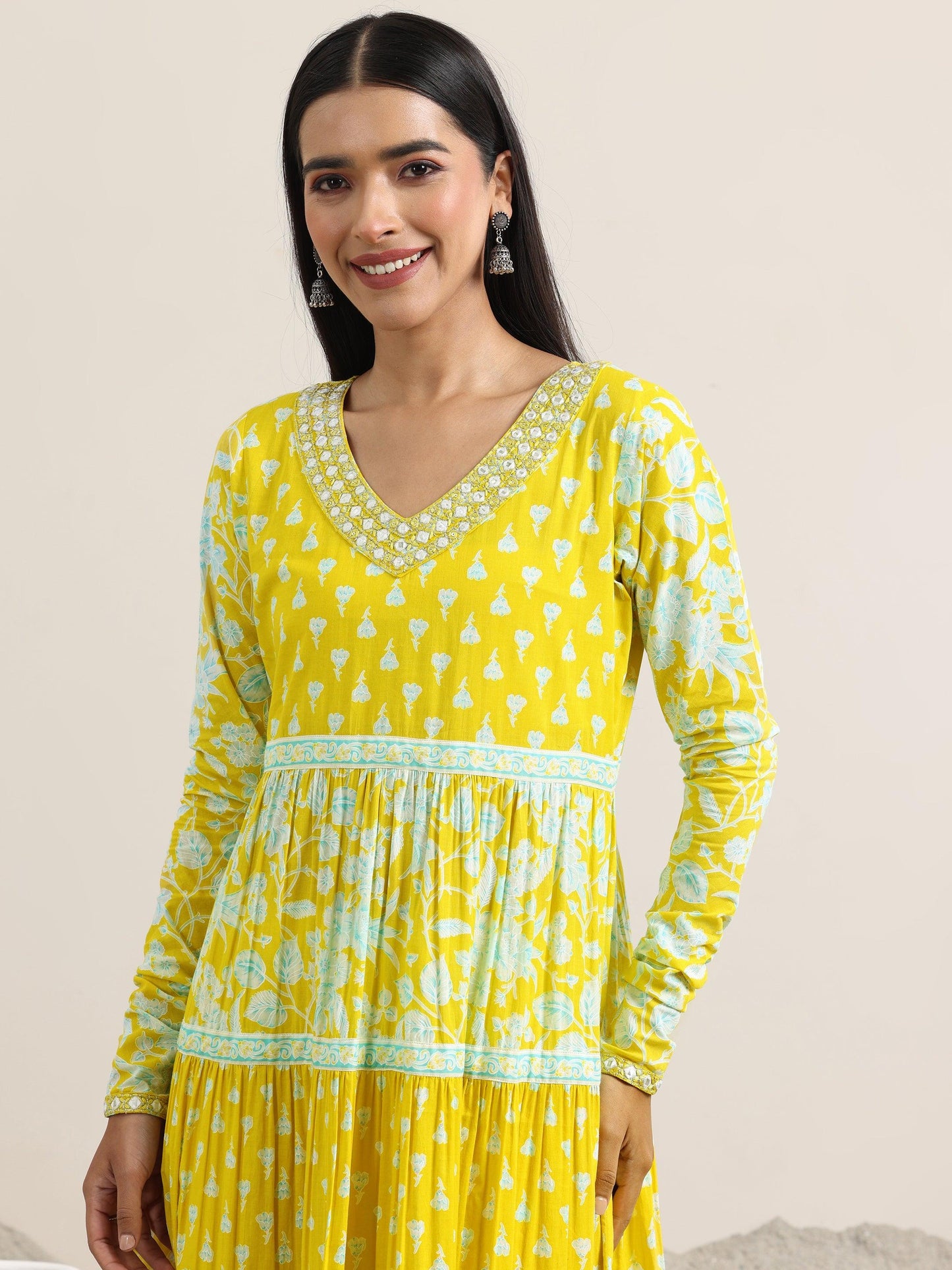 Yellow Printed Cotton Anarkali Suit With Dupatta