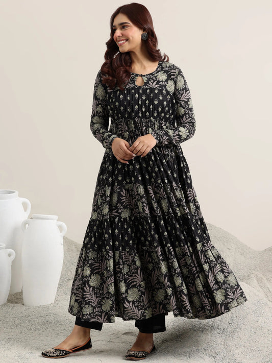 Black Printed Cotton Anarkali Suit With Dupatta