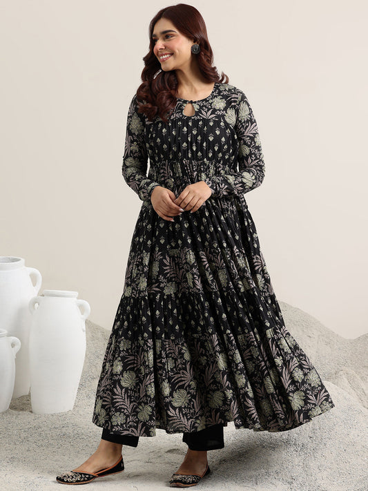 Black Printed Cotton Anarkali Suit With Dupatta