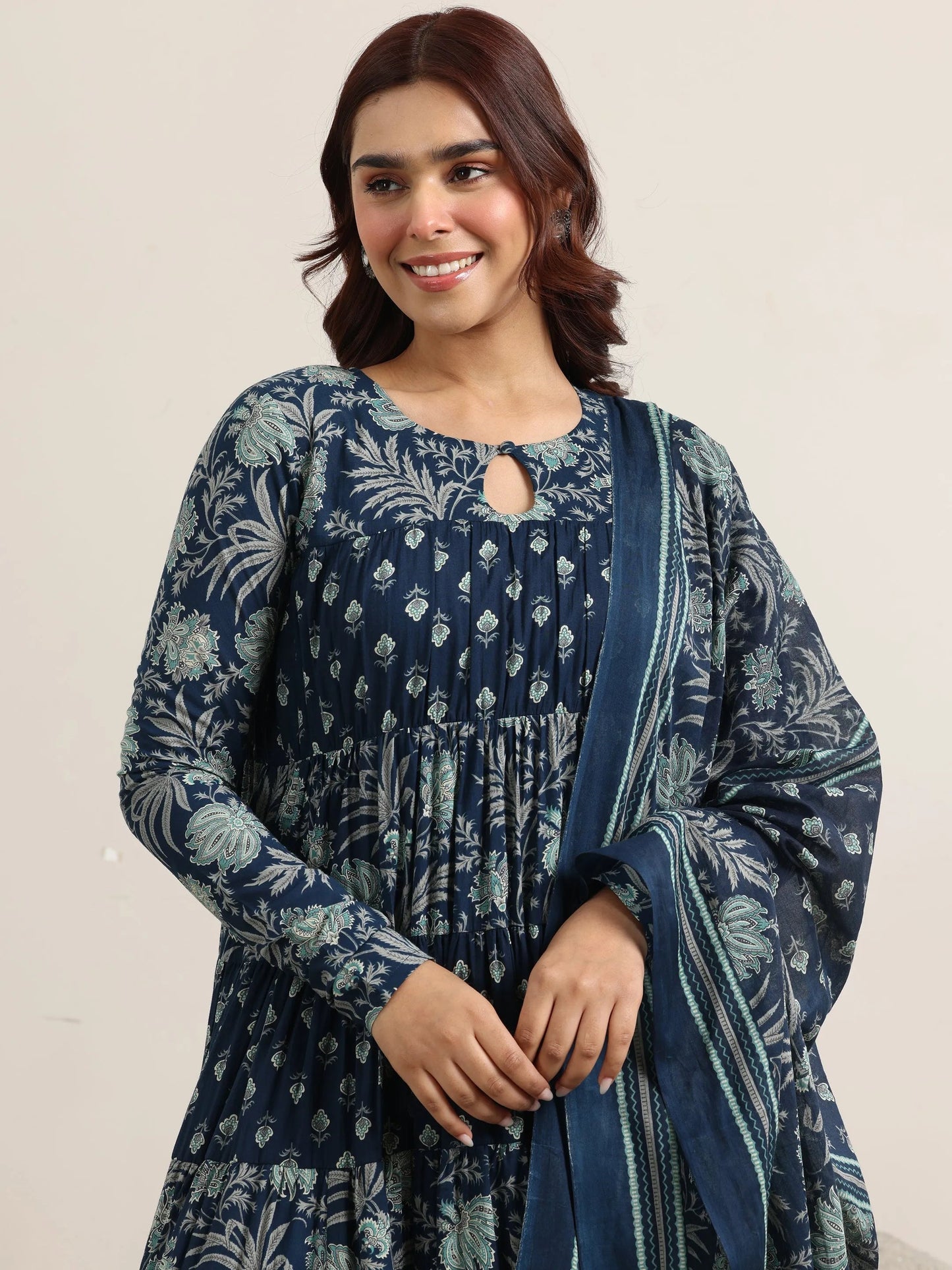 Blue Printed Cotton Anarkali Suit With Dupatta