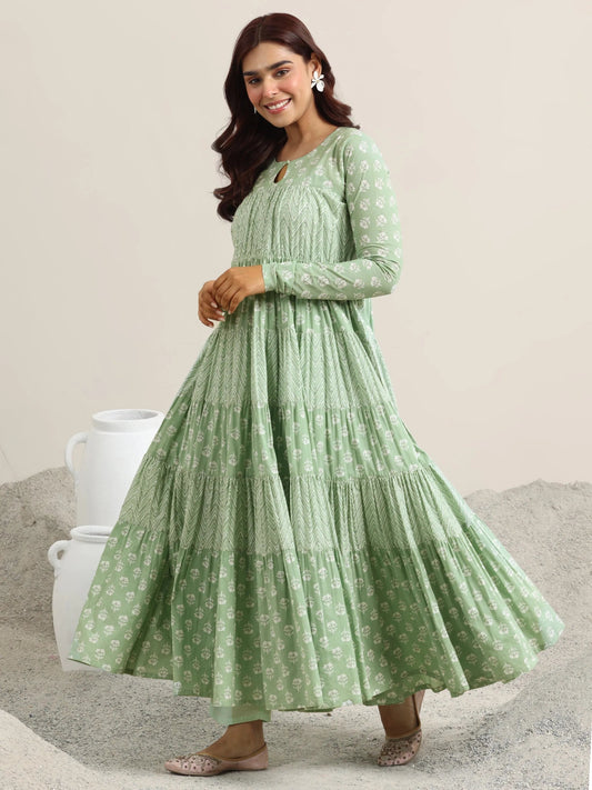 Green Printed Cotton Anarkali Suit With Dupatta