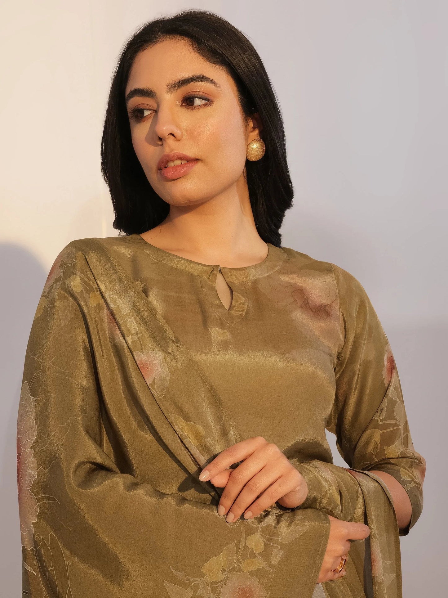 Olive Printed Silk Blend Straight Suit With Dupatta