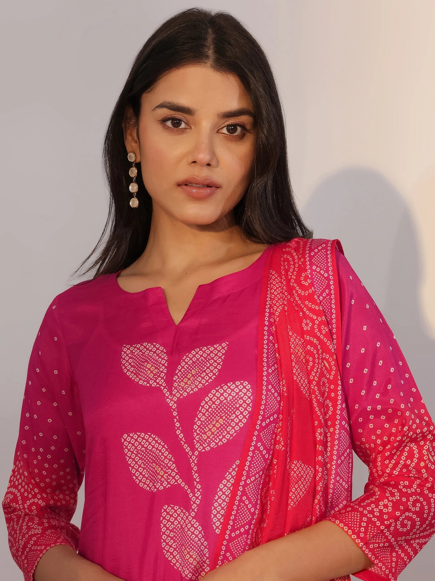 Pink Printed Silk Blend Straight Suit With Dupatta