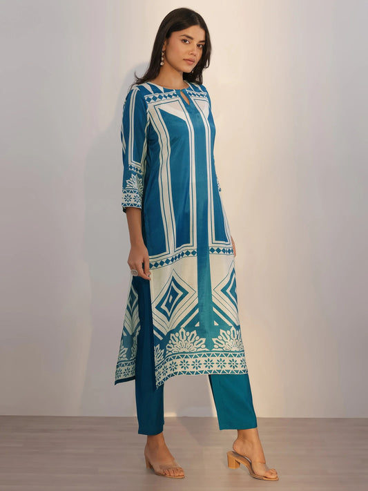 Teal Printed Silk Blend Straight Suit With Dupatta