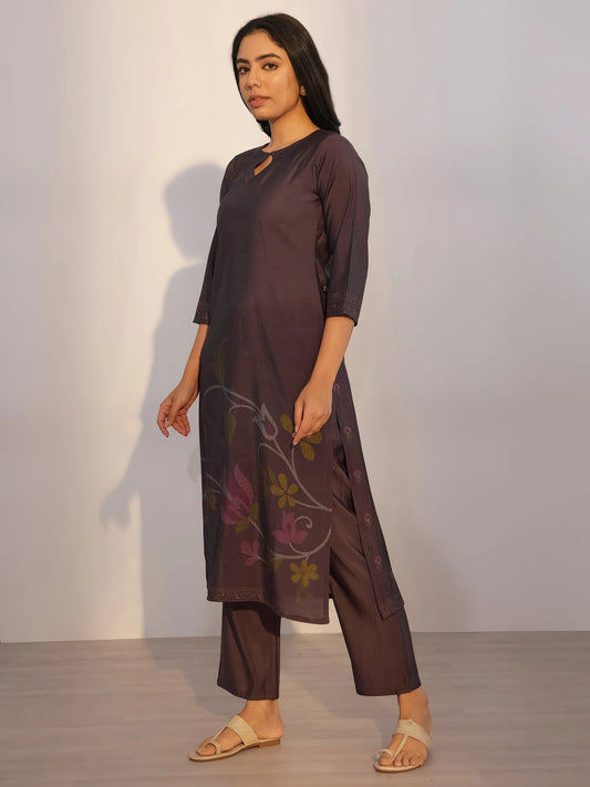 Grey Printed Silk Blend Straight Suit With Dupatta