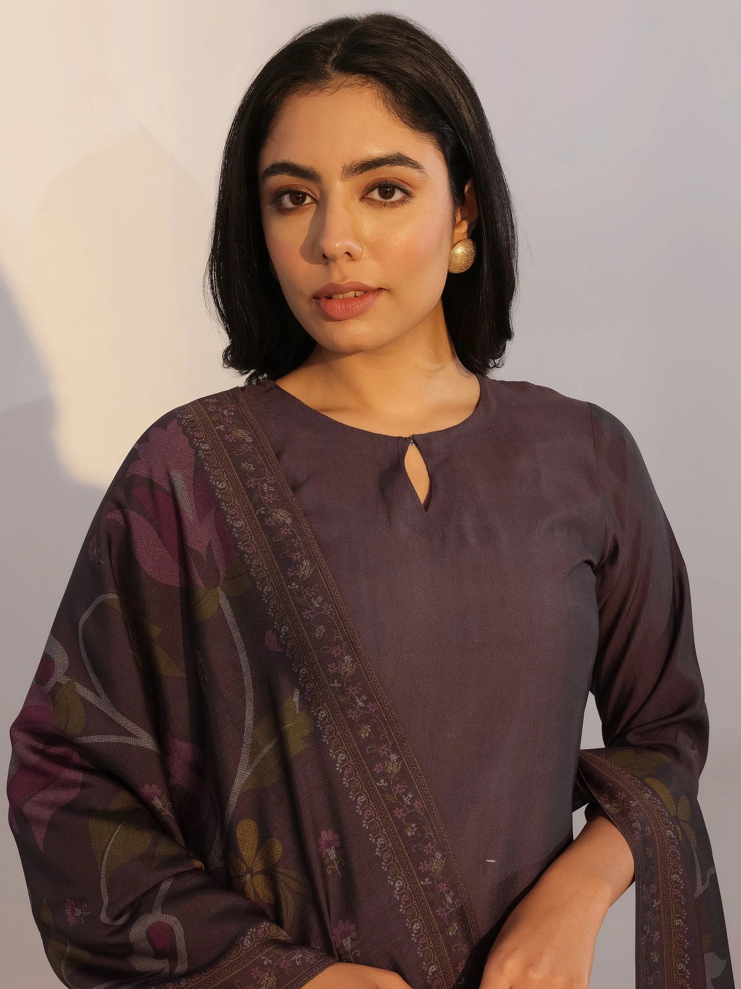 Grey Printed Silk Blend Straight Suit With Dupatta