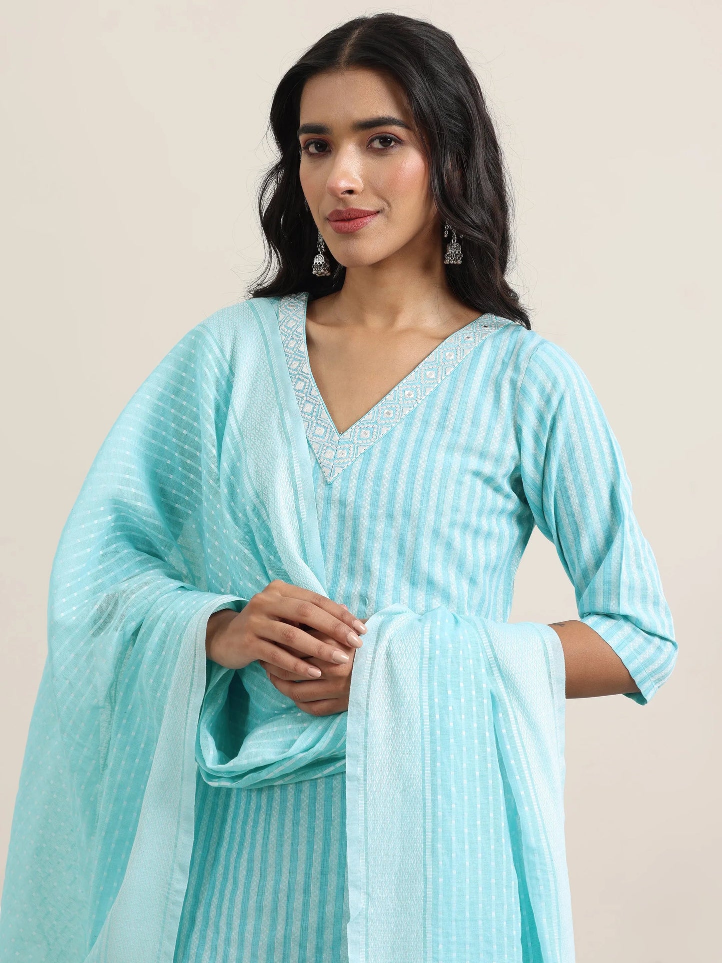 Blue Woven Design Cotton Straight Suit With Dupatta