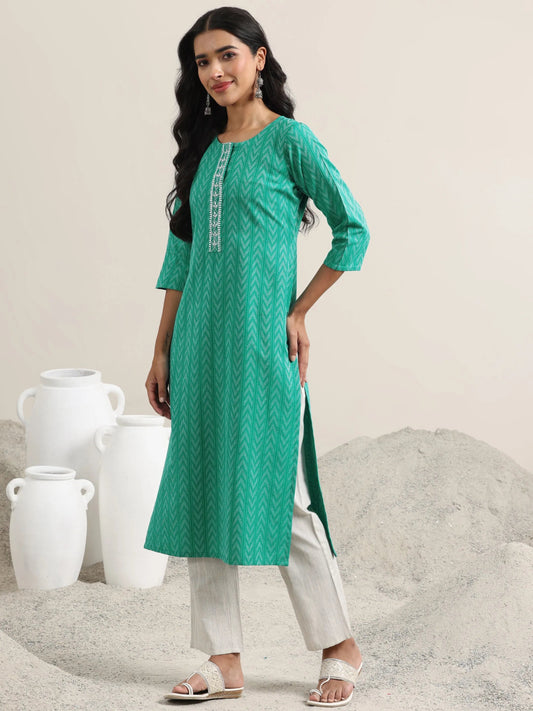 Teal Woven Design Cotton Straight Suit With Dupatta