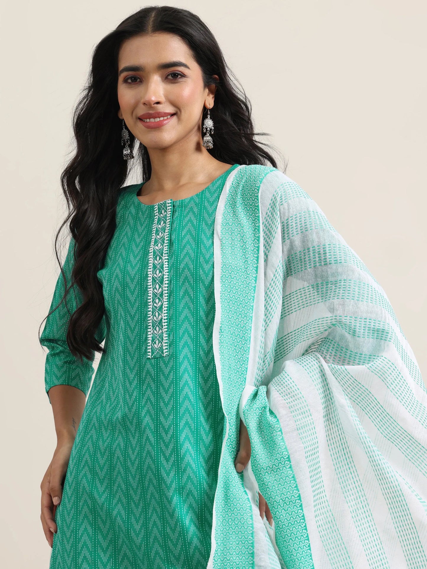 Teal Woven Design Cotton Straight Suit With Dupatta