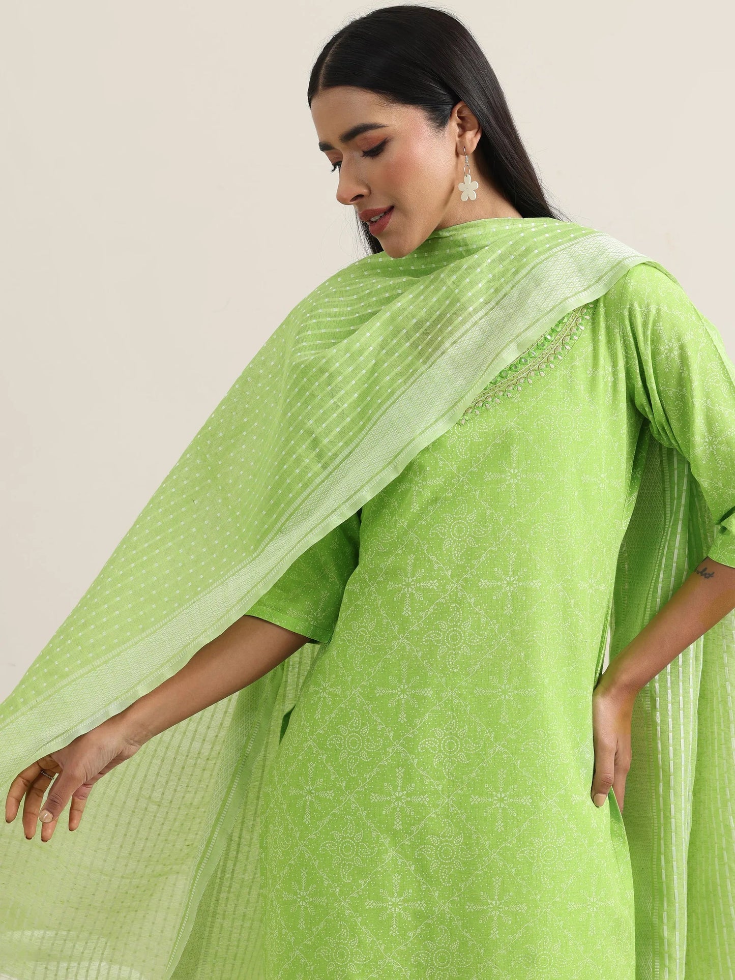 Green Printed Cotton Straight Suit With Dupatta