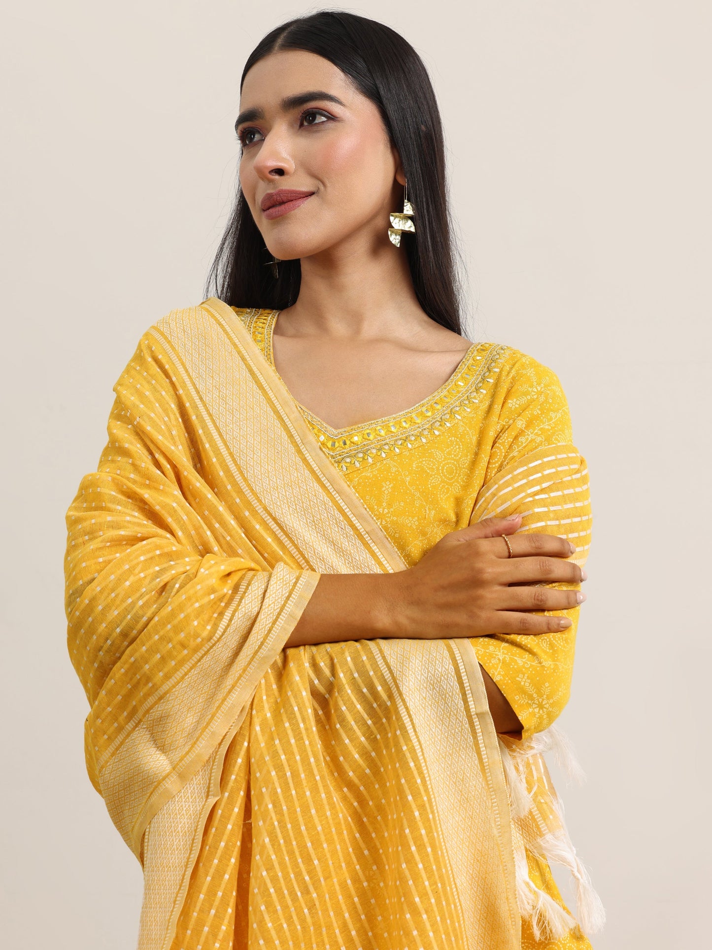 Yellow Printed Cotton Straight Suit With Dupatta
