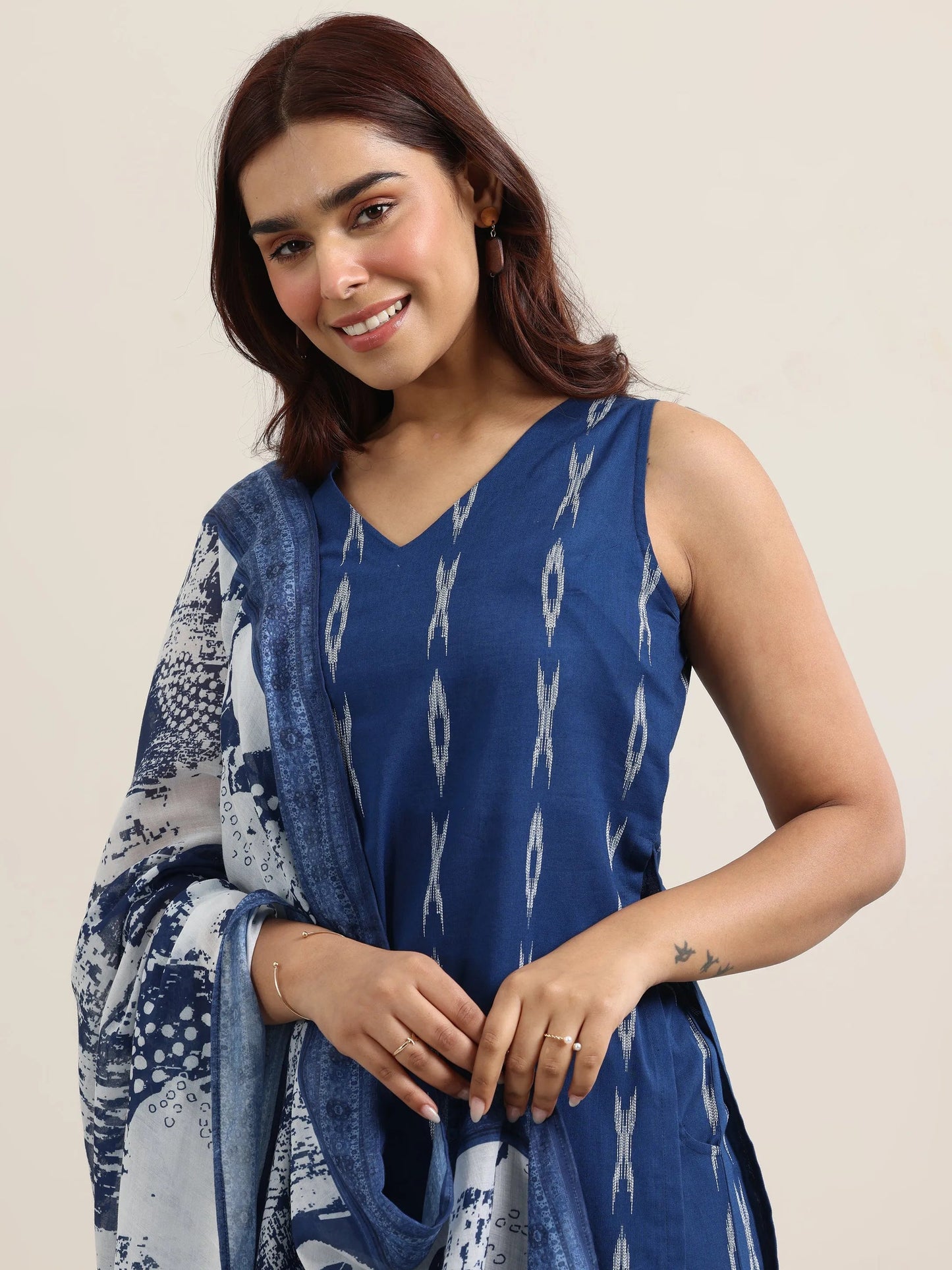 Blue Woven Design Cotton Straight Suit With Dupatta