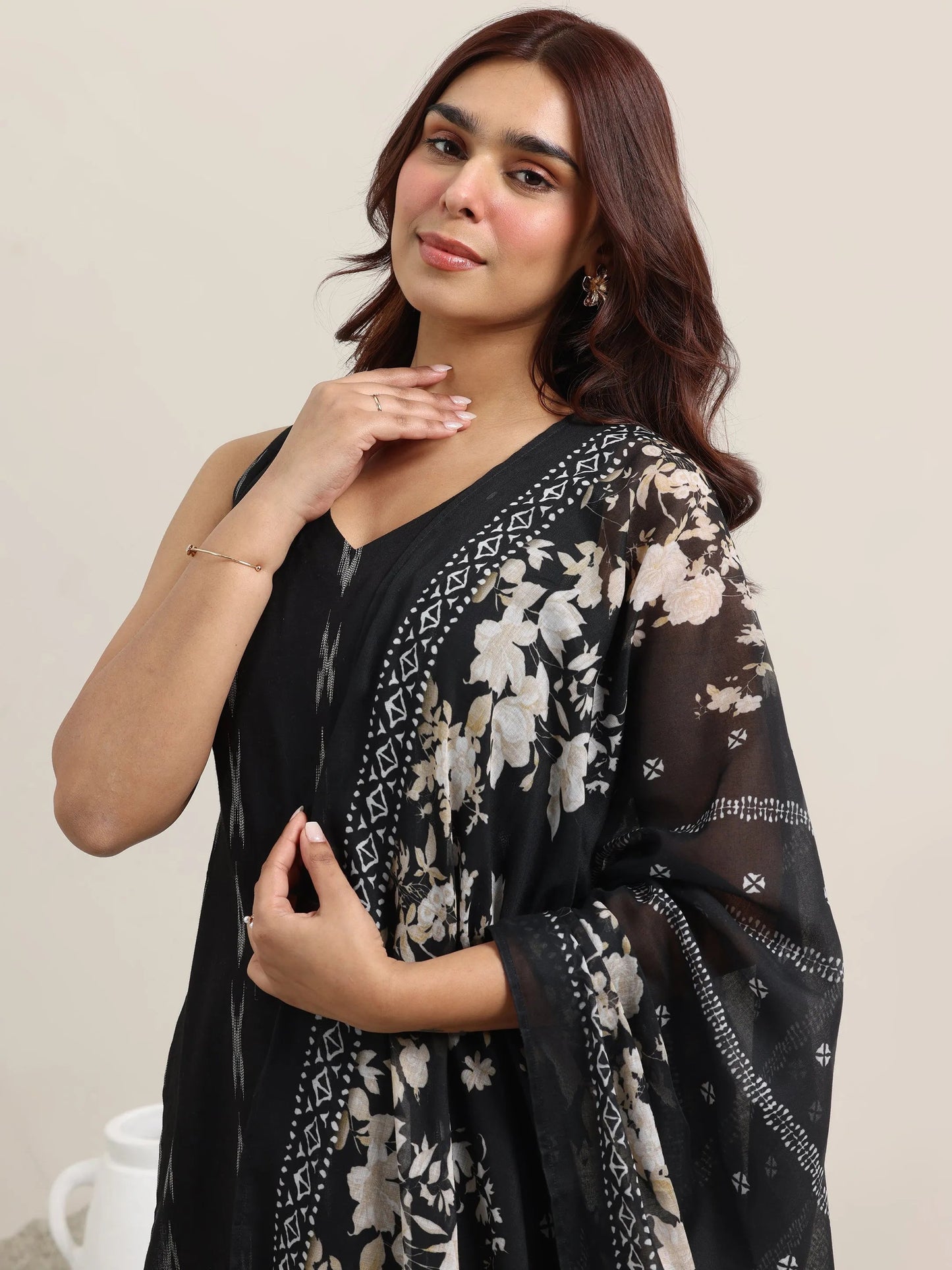 Black Woven Design Cotton Straight Suit With Dupatta