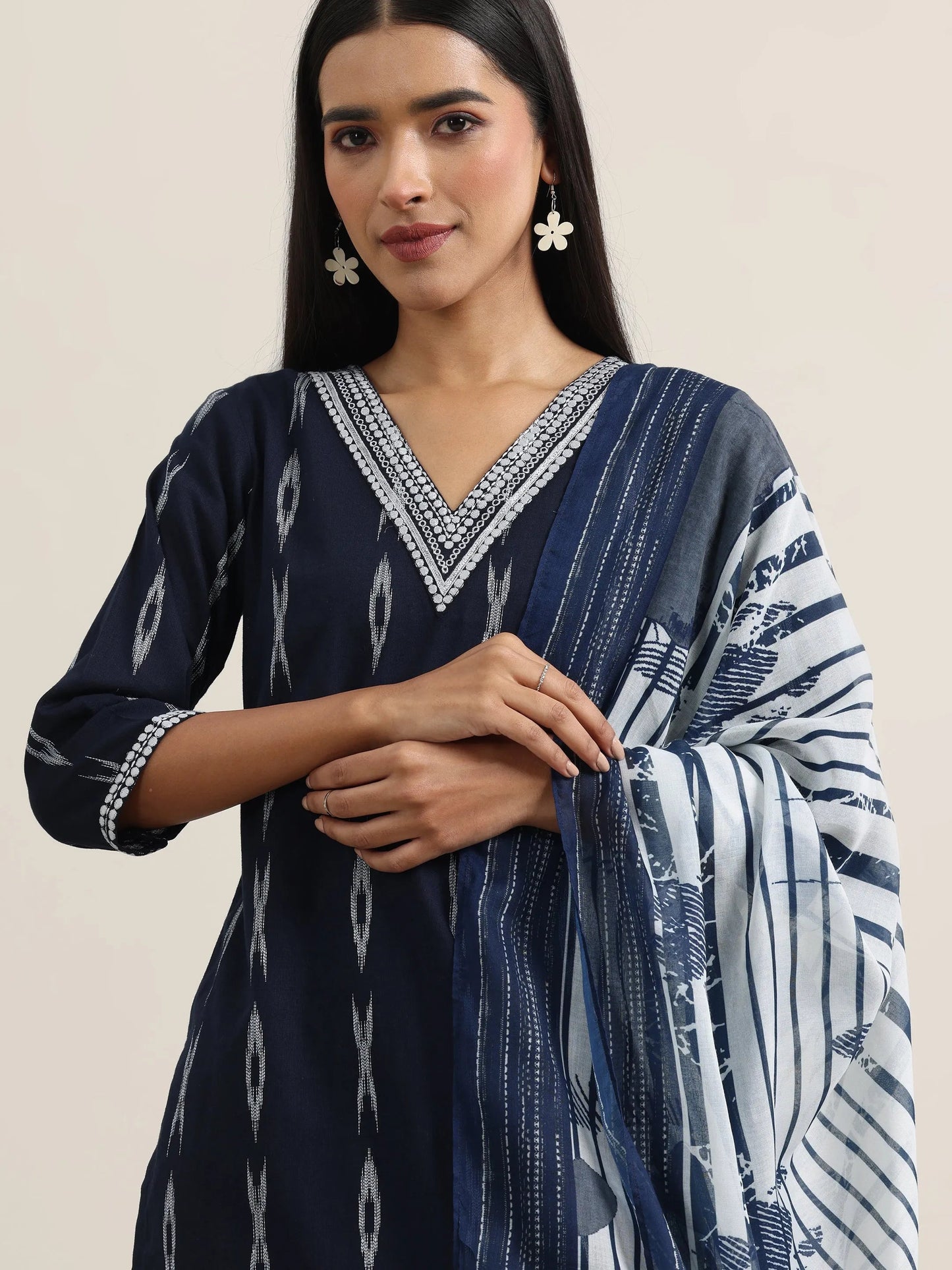 Blue Woven Design Cotton Straight Suit With Dupatta