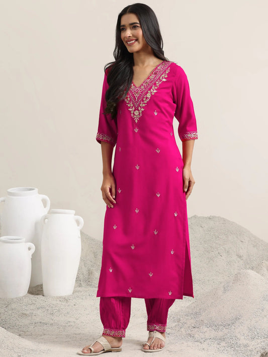 Pink Embroidered Rayon Straight Suit With Dupatta