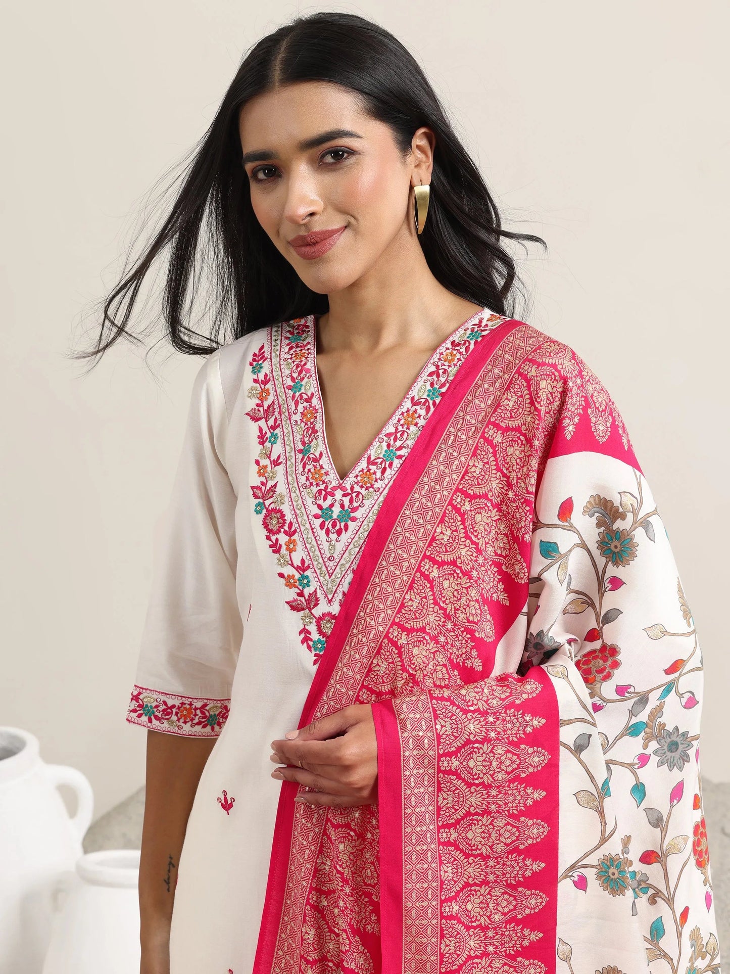 White Embroidered Rayon Straight Suit With Dupatta