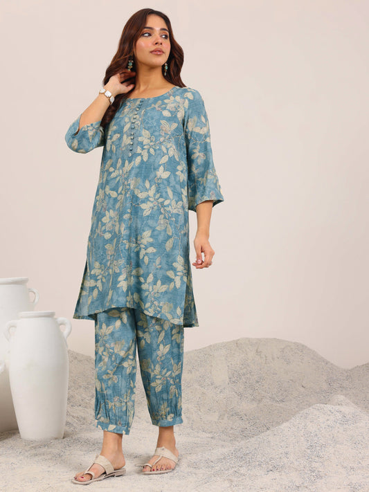 Blue Printed Silk Blend Co-Ord Sets