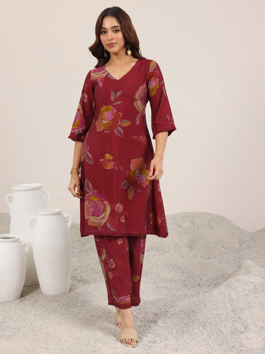 Maroon Printed Silk Blend A-Line Kurta Set