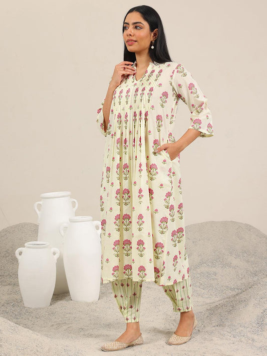 Off White Printed Pure Cotton Straight Kurta Set