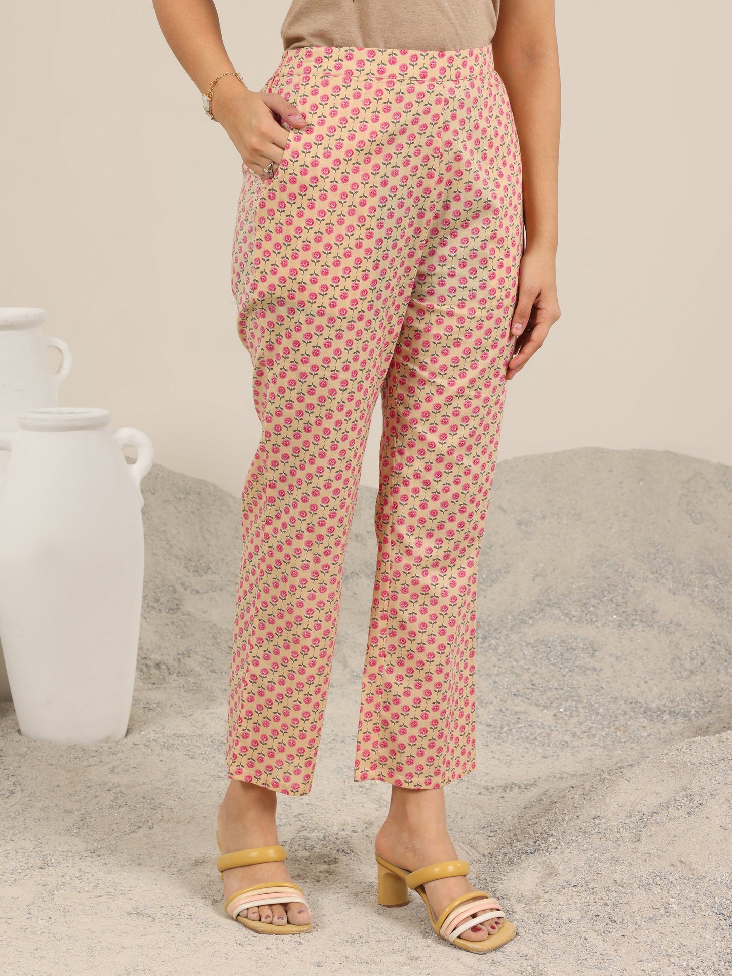 Beige Printed Cotton Straight Kurta Set