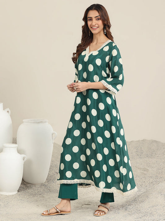 Green Printed Silk Blend A-Line Suit WIth Dupatta