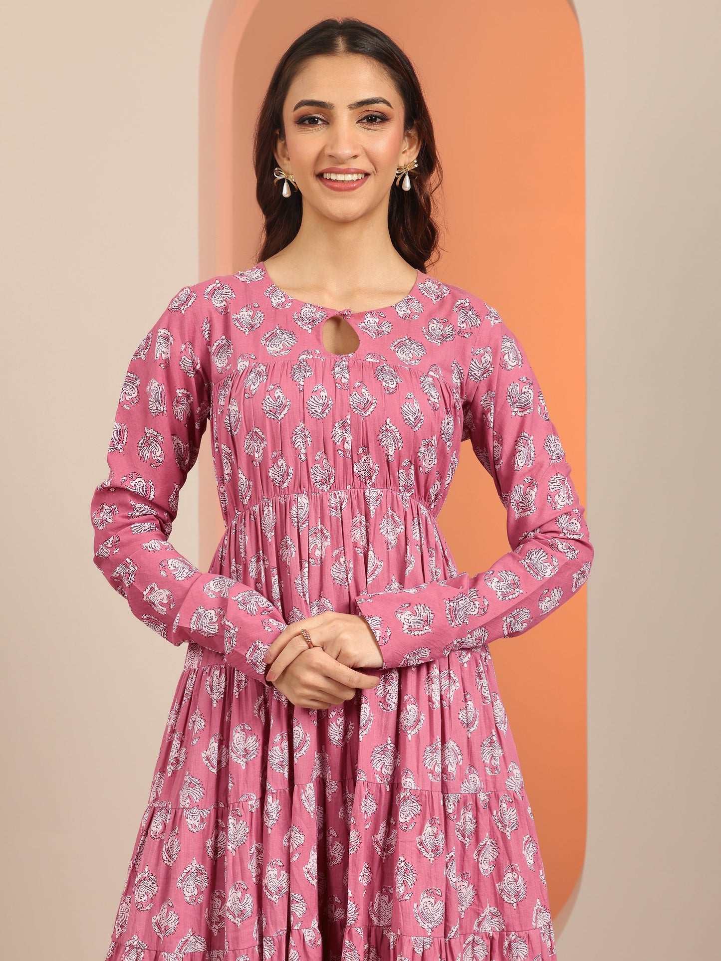 Mauve Printed Cotton Anarkali Suit Set With Dupatta