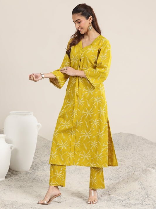 Yellow Printed Cotton Straight Kurta Set