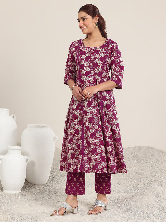 Maroon Printed Cotton A-Line Kurta Set