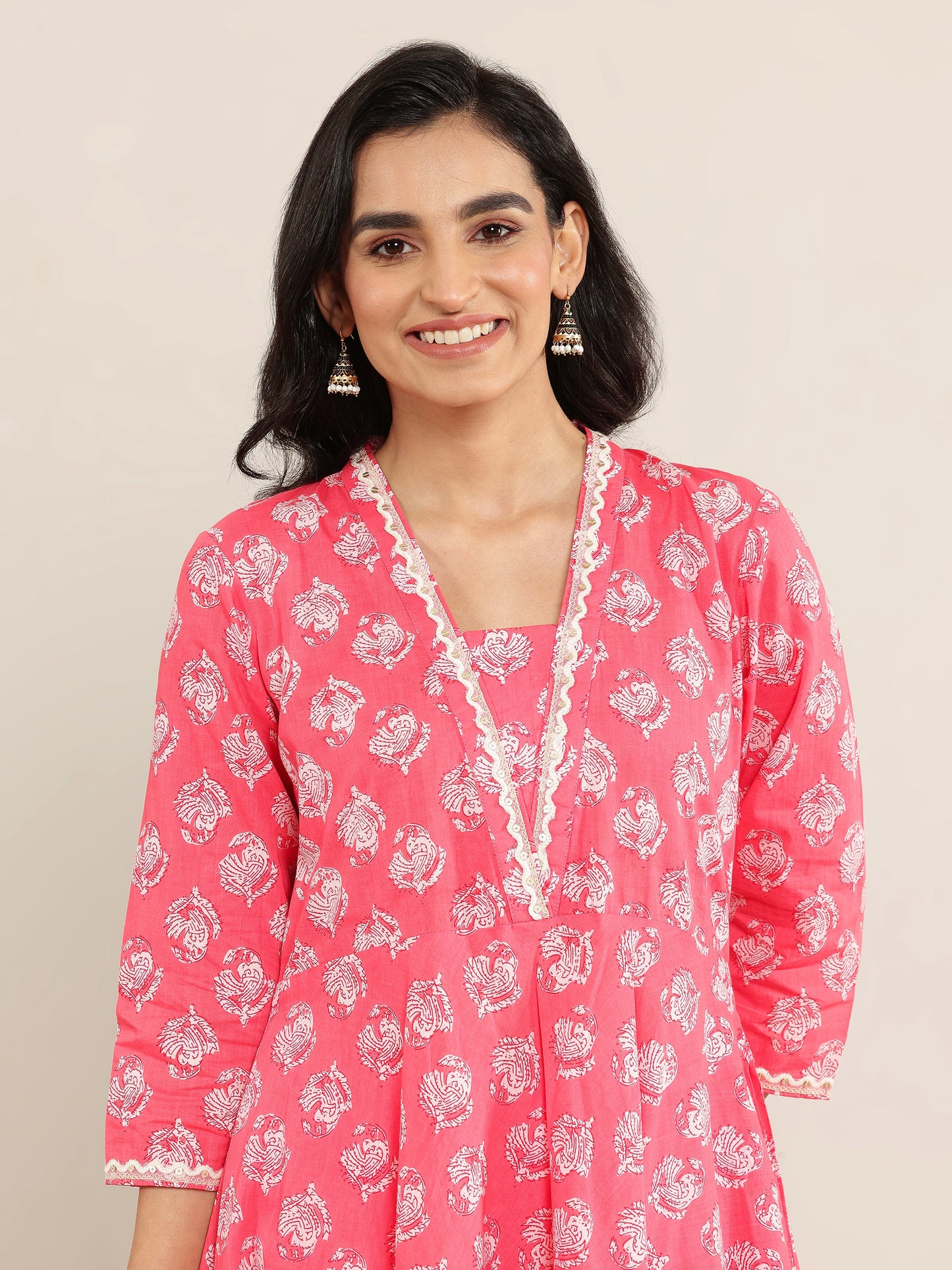 Peach Printed Cotton Anarkali Suit With Dupatta